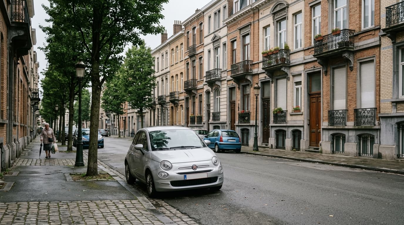 Petite voiture garée le long d'un trottoir dans une rue résidentielle bruxelloise