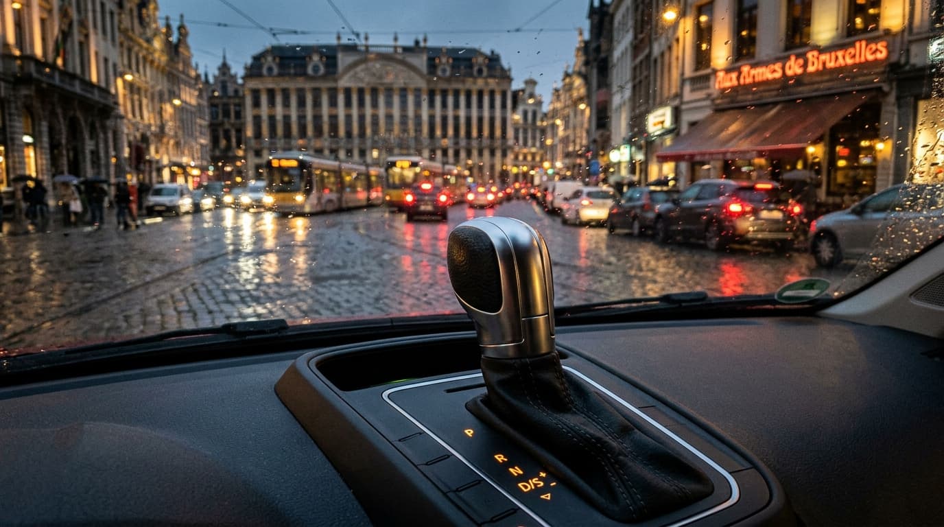 City car driving down a Belgian urban street, three-quarter view