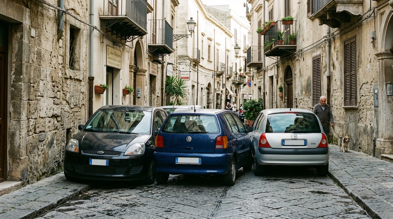 Petite voiture citadine vue de trois quarts dans une rue urbaine belge