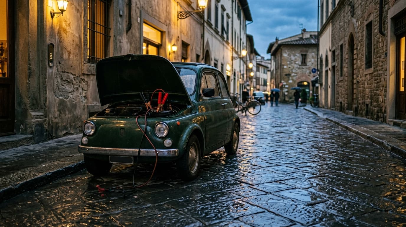 Petite voiture garée dans une rue résidentielle, câble de recharge à proximité