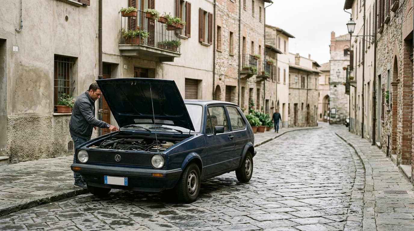 Petite voiture citadine photographiée de trois quarts dans une rue de ville