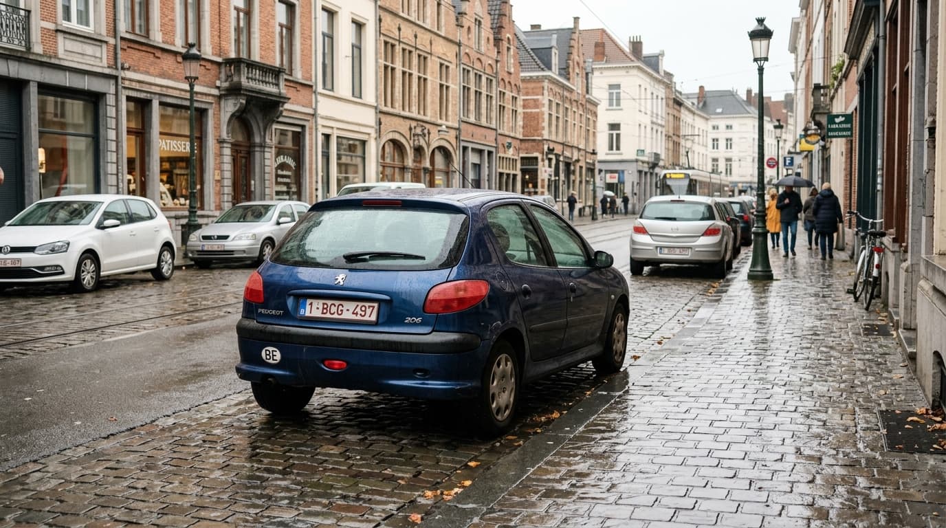 Petite voiture d'occasion garée le long d'une rue belge mouillée