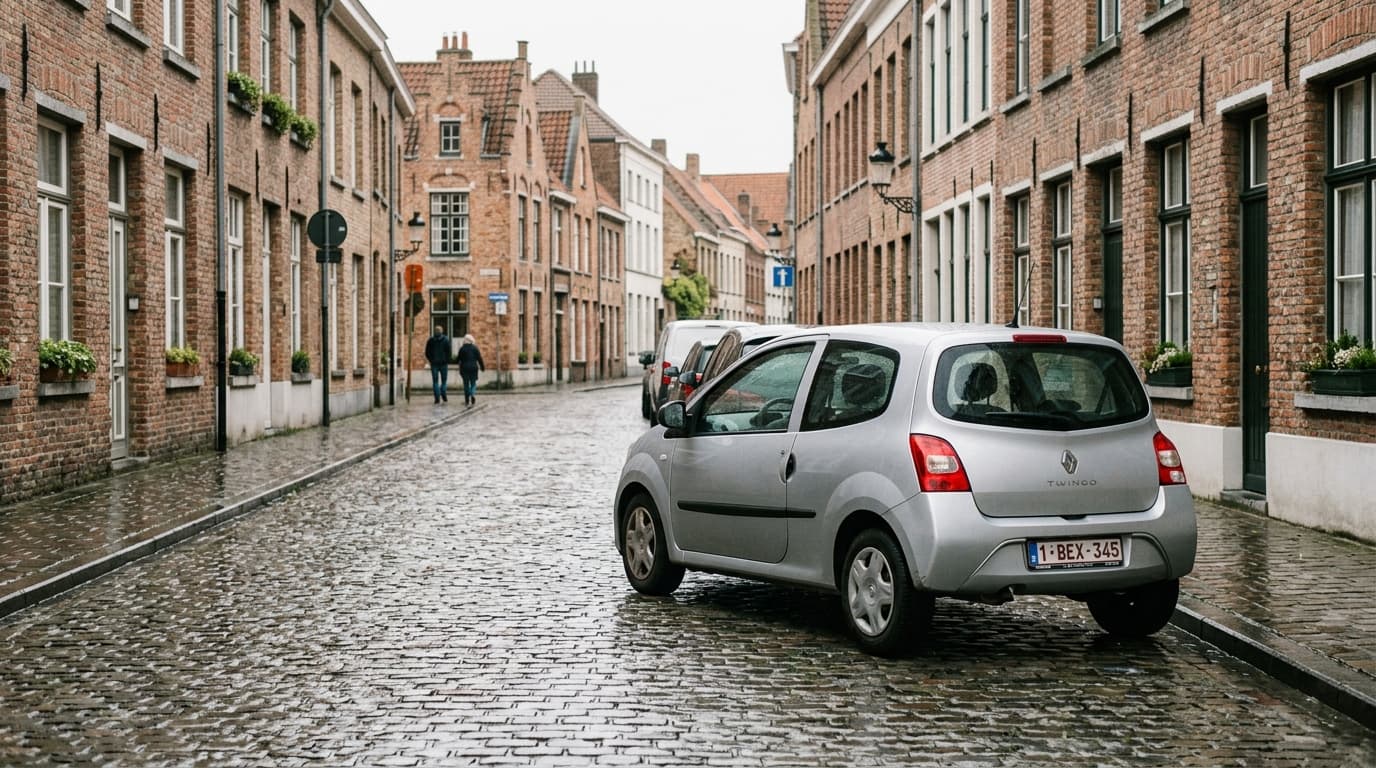 Petite voiture urbaine à l'arrêt dans une rue belge