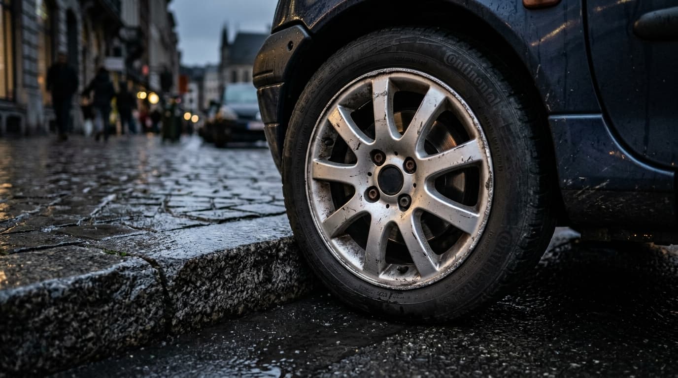 Roue arrière d'une petite voiture garée tout près d'une bordure de trottoir