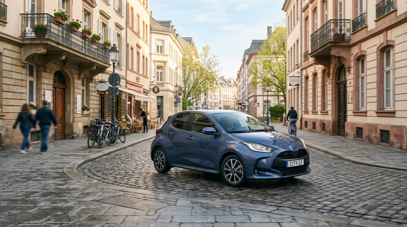 Petite voiture citadine circulant dans une rue belge, vue de trois quarts