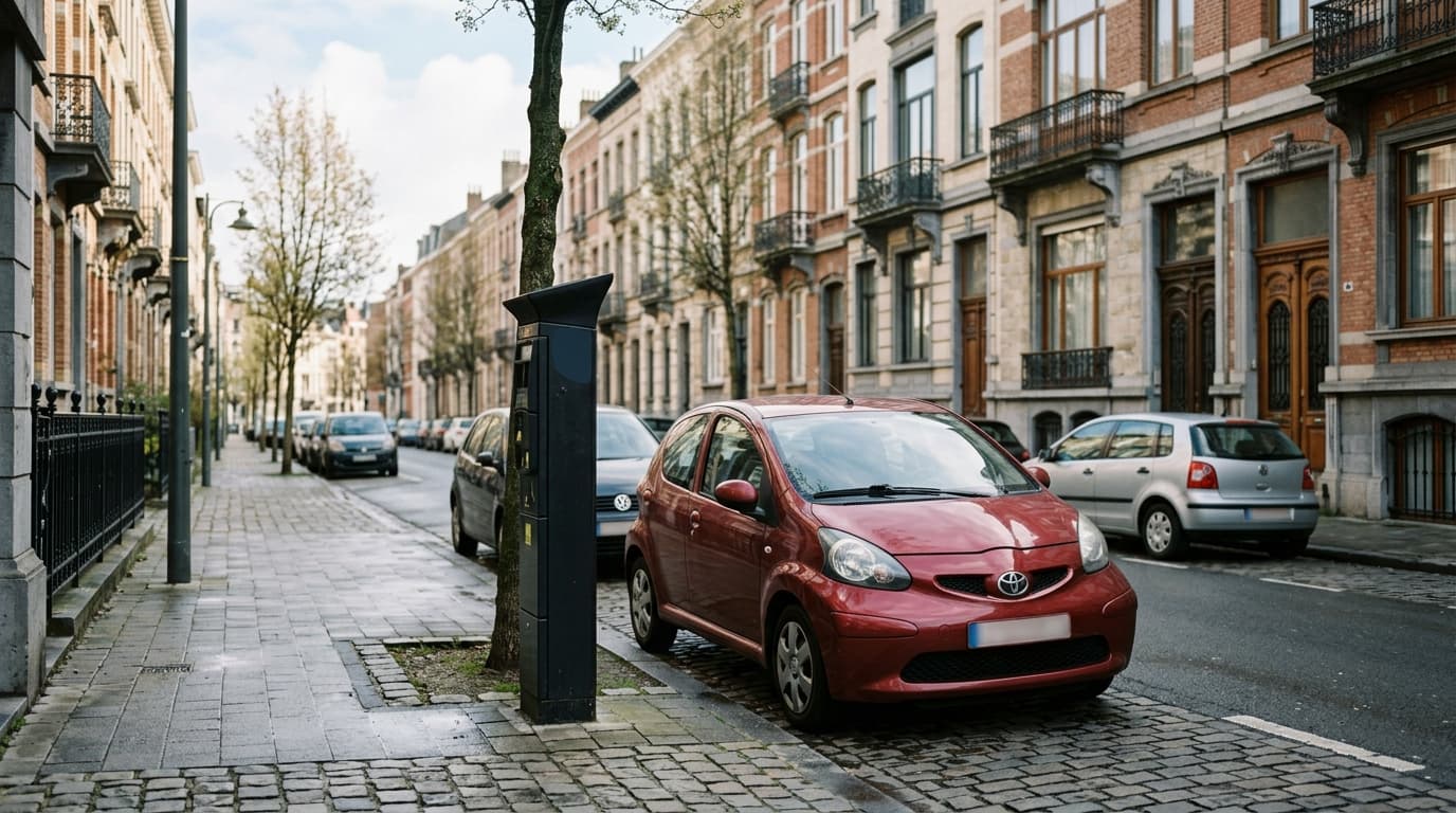 Cars parallel parked along a residential street in Brussels