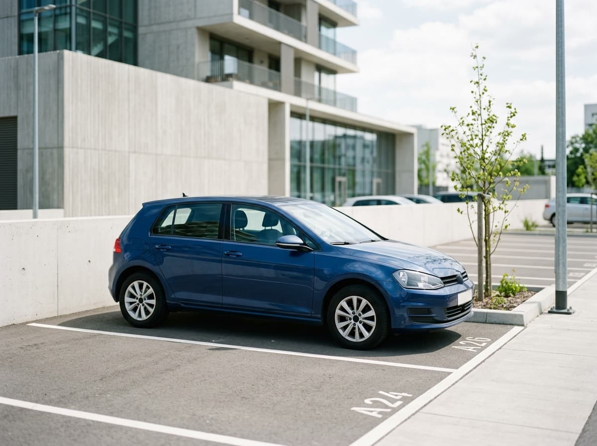 Petite voiture garée le long d'un trottoir en ville, par temps humide